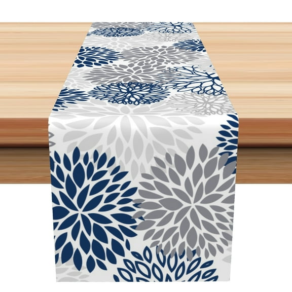 SUNOLIFE Blue Floral Table Runner Dahlia Floral Boho Kitchen Dining Table Covers Decoration for Home Party 13 x 72 Inch