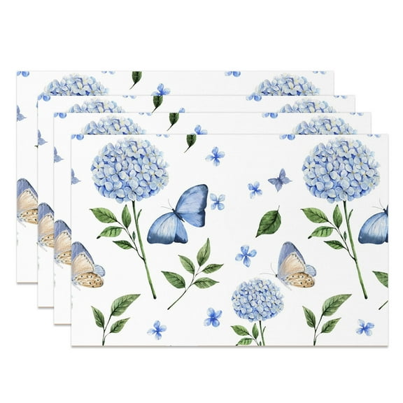 SUNOLIFE Blue Floral with Butterfly Placemats Spring Flowers Linen Fabric Table Mats Set of 4 for Dining Table Decorations 12x18 inch