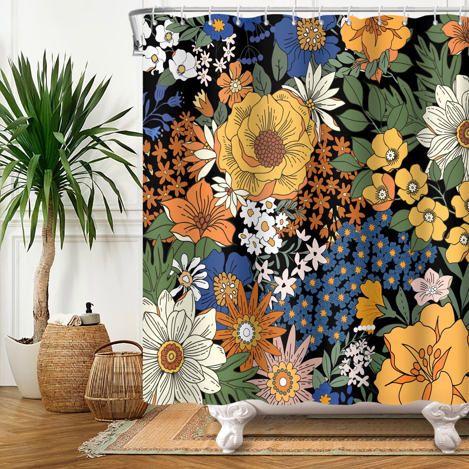 SUNOLIFE Boho Floral Shower Curtain,Bohemia Plants Waterproof Fabric Bathroom Curtain with Hooks ...