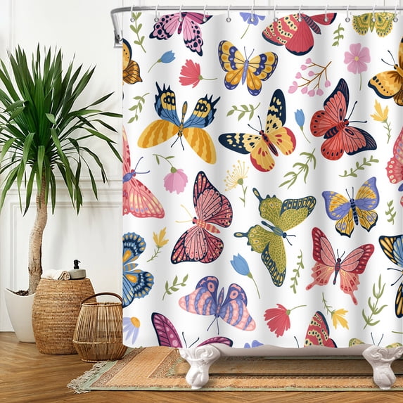 SUNOLIFE Butterfly Shower Curtain,Colorful Moth Fabric Bathroom Curtain with Hooks,47x64 in