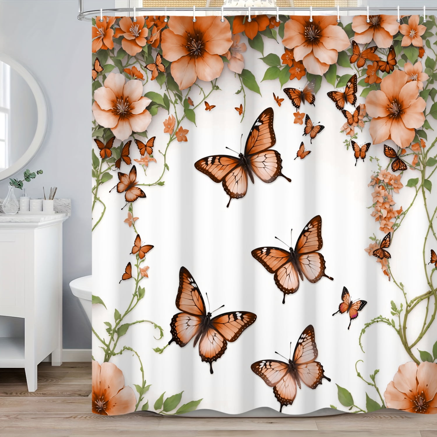 SUNOLIFE Butterfly Shower Curtain,Orange Spring Floral Fabric Bathroom Curtain with Hooks,47x64 in