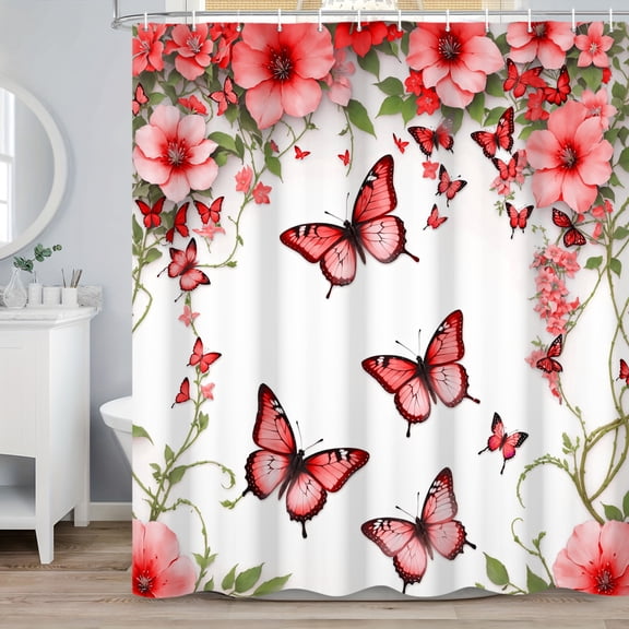 SUNOLIFE Butterfly Shower Curtain,Red Spring Floral Fabric Bathroom Curtain with Hooks,47x64 in
