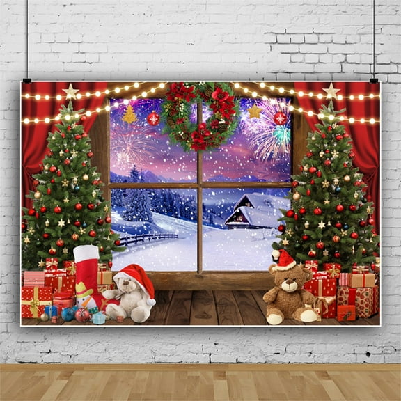 SUNOLIFE Christmas Backdrop Banner Winter Xmas Tree Photo Background Banner 10x8ft