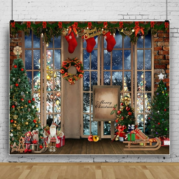 SUNOLIFE Christmas Backdrop Banner Xmas Tree Photo Background Banner 10x8ft