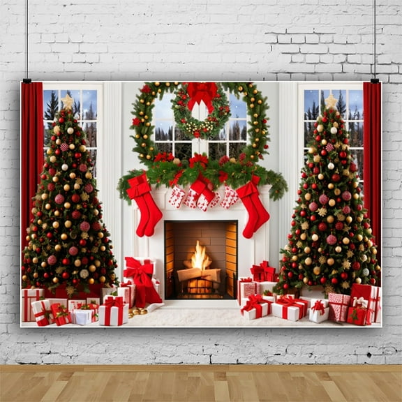 SUNOLIFE Christmas Fireplace Backdrop Banner Xmas Tree Photo Background Banner 6x4ft