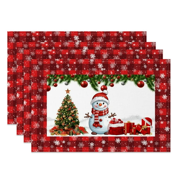 SUNOLIFE Christmas Snowman Placemats Set of 4,Buffalo Plaid Winter Table Place Mats 12x18 inch