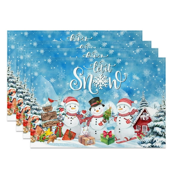 SUNOLIFE Christmas Snowman Placemats Set of 4,Winter Let it Snow Table Place Mats 12x18 inch