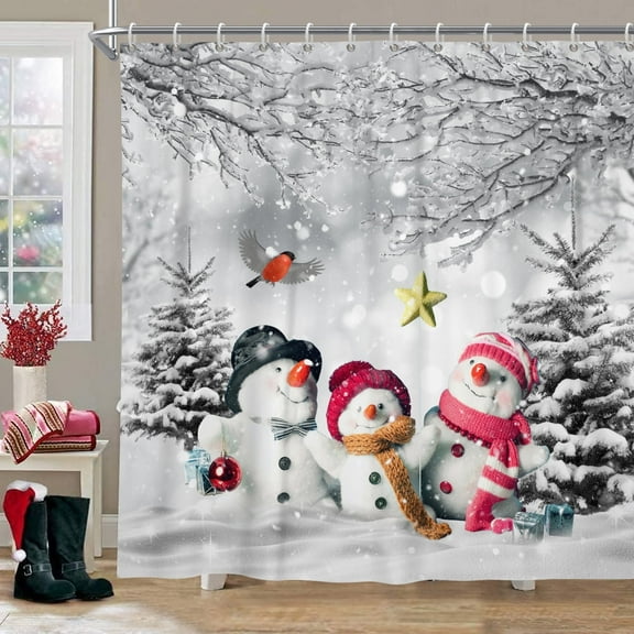 SUNOLIFE Christmas Snowman Shower Curtain Winter Snow Waterproof Fabric Bathroom Curtain 72x72 in