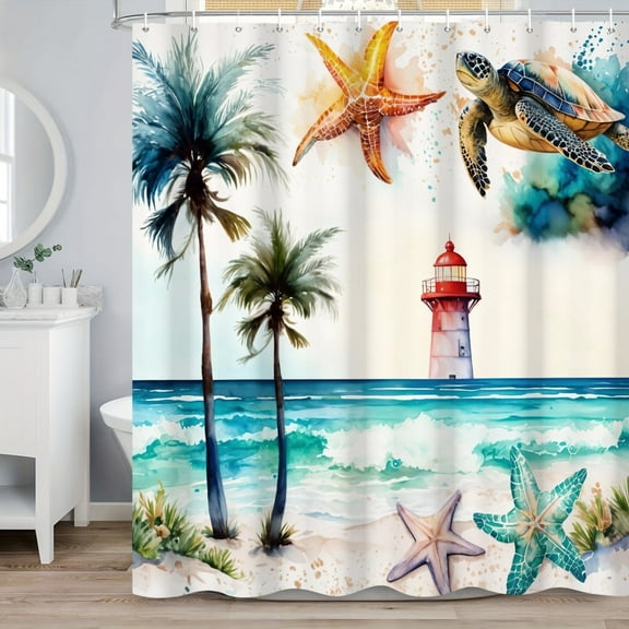 SUNOLIFE Coastal Lighthouse Shower Curtain,Nautical Ocean Beach Starfish Bathroom Curtain with Hooks,72x72 in