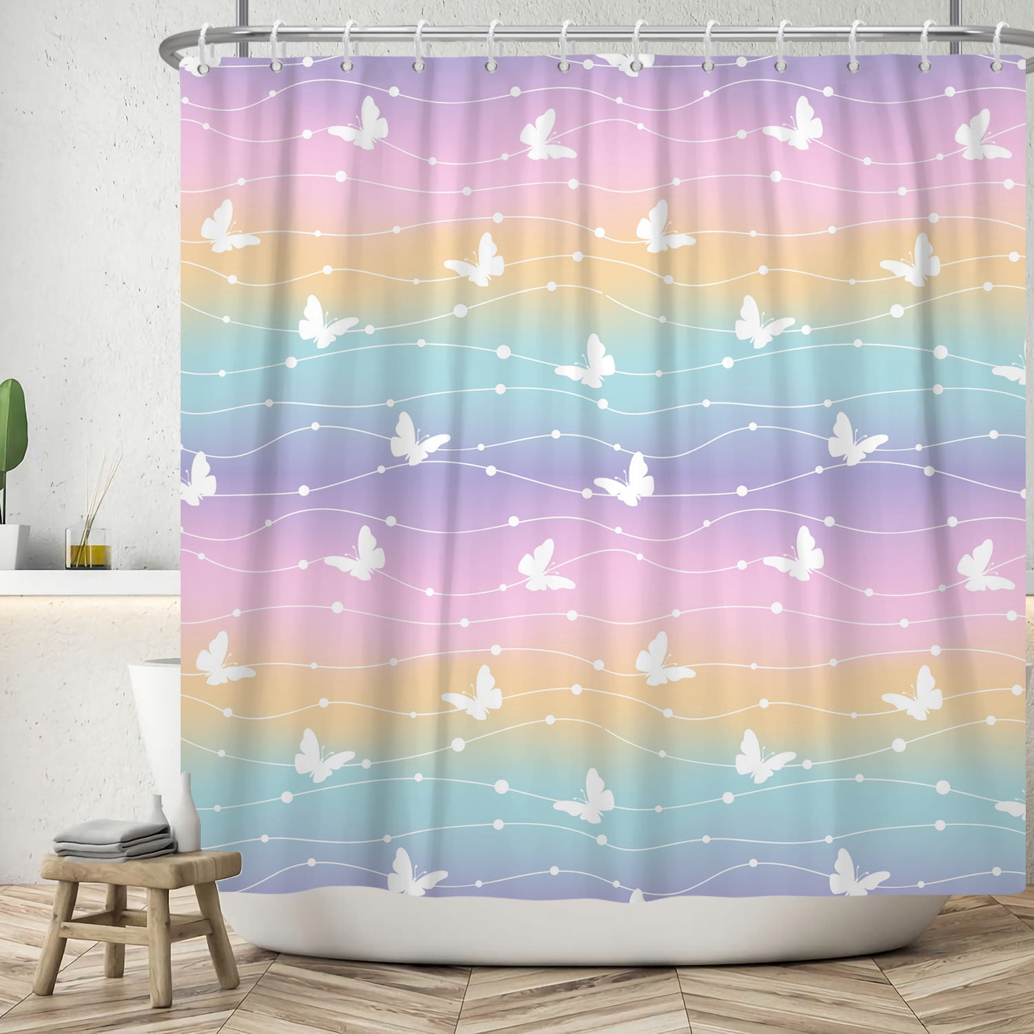 SUNOLIFE Colorful Rainbow Shower Curtain Kids Girls Butterfly ...