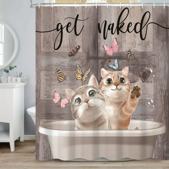 SUNOLIFE Cute Cat Shower Curtain,Get Naked Waterproof Fabric Bathroom Curtain with Hooks,60x72 in