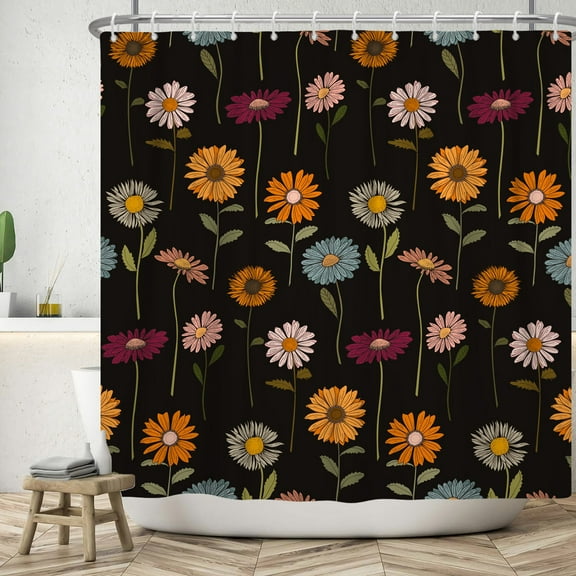 SUNOLIFE Daisy Floral Shower Curtain Black Flowers Waterproof Fabric Bathroom Curtain 47x64 in