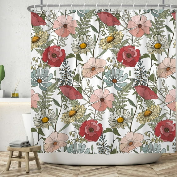 SUNOLIFE Daisy Floral Shower Curtain Spring Flowers with Herbs Waterproof Fabric Bathroom Curtain 72x72 in