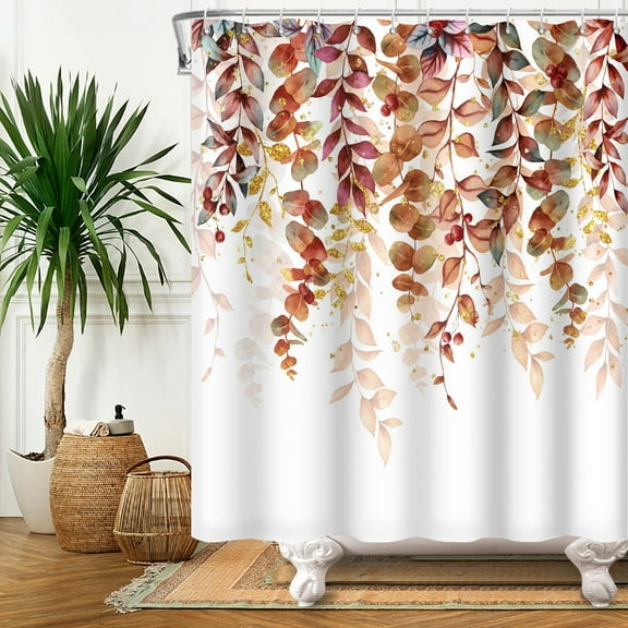 SUNOLIFE Fall Brown Leaves Shower Curtain Autumn Plants Waterproof Fabric Bathroom Curtain 72x72 in