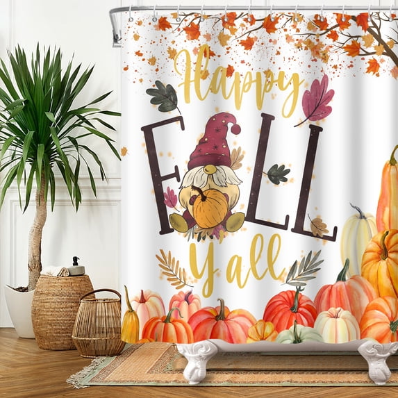 SUNOLIFE Fall Gnome Shower Curtain Autumn Pumpkin Waterproof Fabric Bathroom Curtain 47x64 in