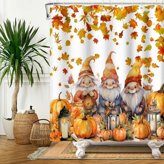 SUNOLIFE Fall Gnome Shower Curtain Brown Autumn Pumpkins Waterproof Fabric Bathroom Curtain 47x64 in