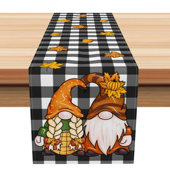 SUNOLIFE Fall Gnomes Table Runner Pumpkins Autumn Buffalo Plaid Dining Table Decorations 13 x 72 Inch