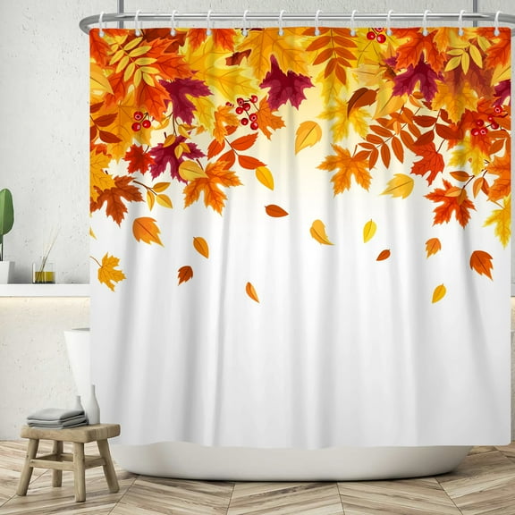 SUNOLIFE Fall Leaves Shower Curtain Autumu Plants Waterproof Fabric Bathroom Curtain 72x72 in