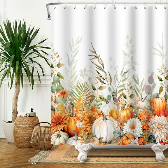 SUNOLIFE Fall Pumpkins Shower Curtain Brown Autumn Floral Waterproof Fabric Bathroom Curtain 72x72 in