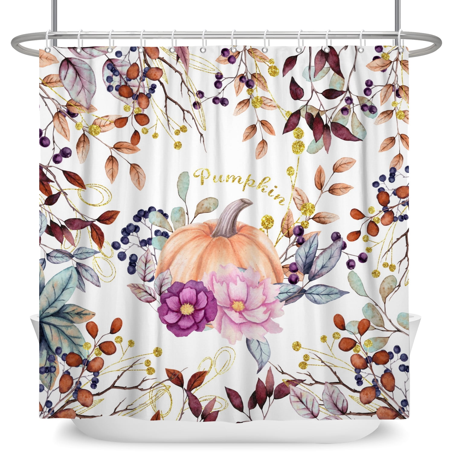 SUNOLIFE Fall Pumpkins Shower Curtain Brown Plants Leaves Waterproof Fabric Bathroom Curtain 72x78 in