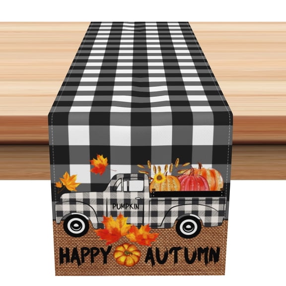 SUNOLIFE Fall Pumpkins Table Runner Black Buffalo Plaid Autumn Kitchen Dining Table Decorations 13 x 120 Inch