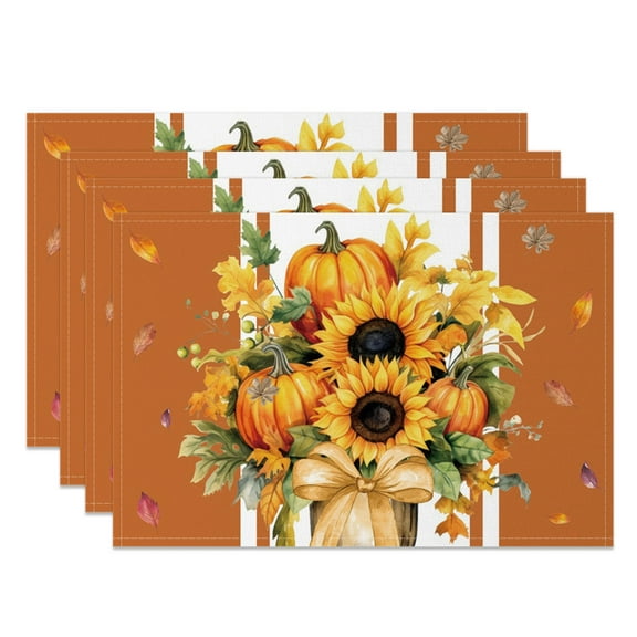 SUNOLIFE Fall Punpkins Placemats Set of 4,Brown Sunflowers Table Place Mats 12x18 inch