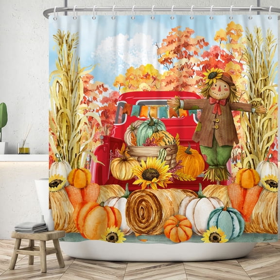 SUNOLIFE Fall Scarecrow Shower Curtain Autumn Pumpkins Thanksgiving Fabric Bathroom Curtain 60x72 in