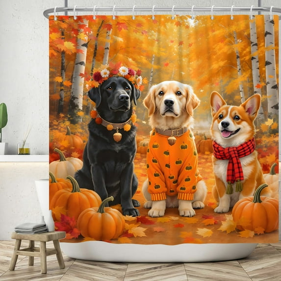 SUNOLIFE Fall Shower Curtain Autumn Pumpkins Dog Fabric Bathroom Curtain,47x64 in