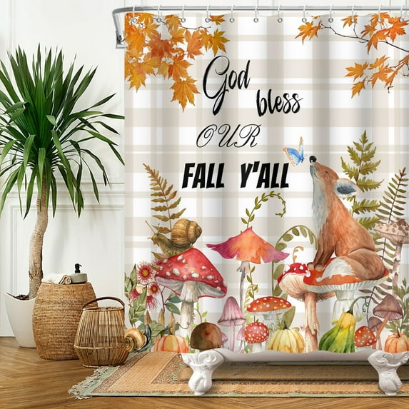 SUNOLIFE Fall Shower Curtain Autumn Pumpkins Mushroom Waterproof Fabric Bathroom Curtain 72x78 in