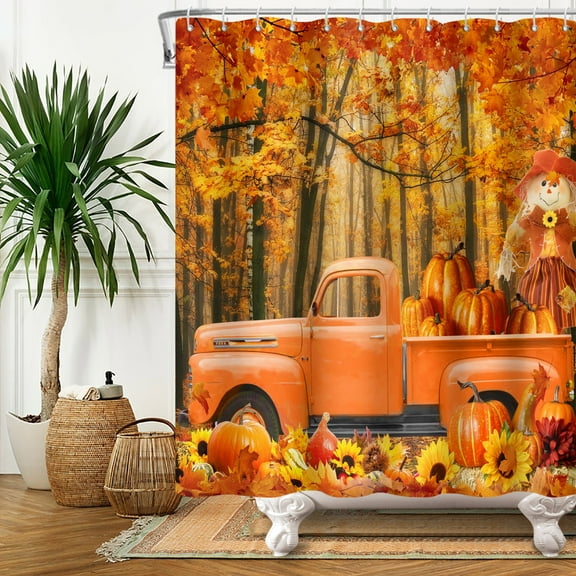 SUNOLIFE Fall Shower Curtain Autumn Pumpkins Truck Fabric Bathroom Curtain,72x72 in