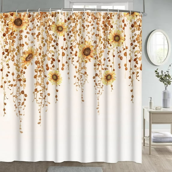 SUNOLIFE Fall Sunflower Shower Curtain Brown Leaves Flowers Waterproof Fabric Bathroom Curtain 60x72 in