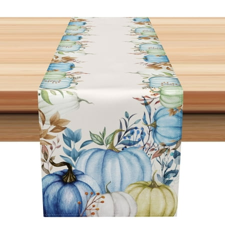 SUNOLIFE Fall Thanksgiving Table Runner Blue Autumn Pumpkins Dining Table Linens 13 x 60 Inch