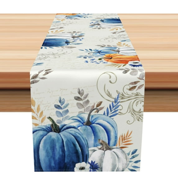 SUNOLIFE Fall Thanksgiving Table Runner Blue Autumn Pumpkins Kitchen Dining Table Decorations 13 x 120 Inch