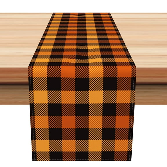 SUNOLIFE Fall Thanksgiving Table Runner Brown Buffalo Plaid Halloween Dining Table Linens 13 x 72 In