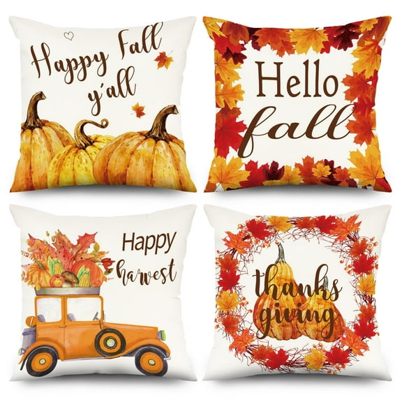 SUNOLIFE Fall Throw Pillow Covers Set of 4,Autumn Pumpkins Thanksgiving Pillowcase for Home Decor,18x18 In