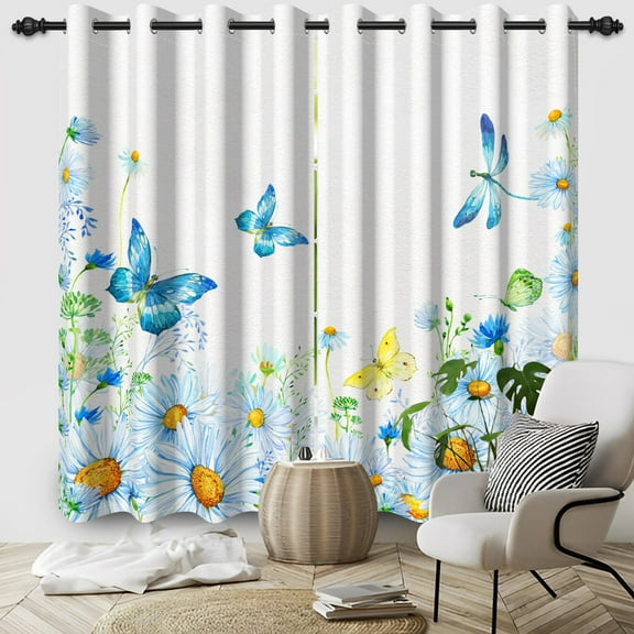 SUNOLIFE Floral Blackout Curtains 2 Panels 63 Inch Blue Butterfly Window Curtains for Living Room Bedroom