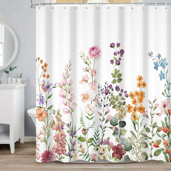 SUNOLIFE Floral Plants Shower Curtain,Spring Botanical Flowers Waterproof Fabric Bathroom Curtain with Hooks,72x78 in