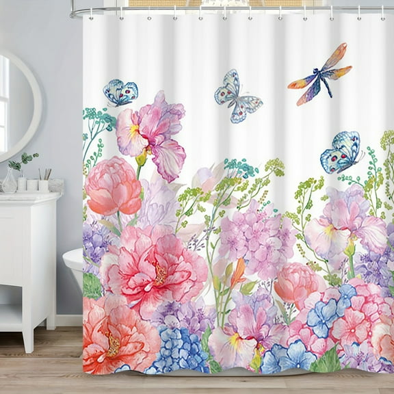 SUNOLIFE Floral Shower Curtain Spring Flower with Butterfly Waterproof Fabric Bathroom Curtain 72x72 in