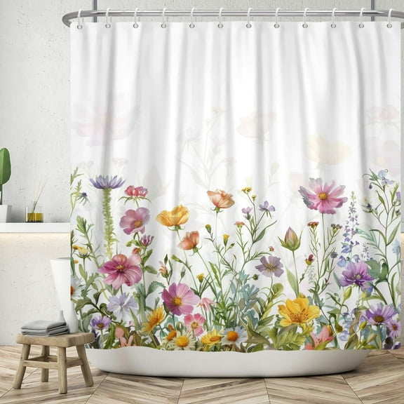 SUNOLIFE Floral Shower Curtain Spring Flowers Plants Waterproof Fabric Bathroom Curtain 72x72 in