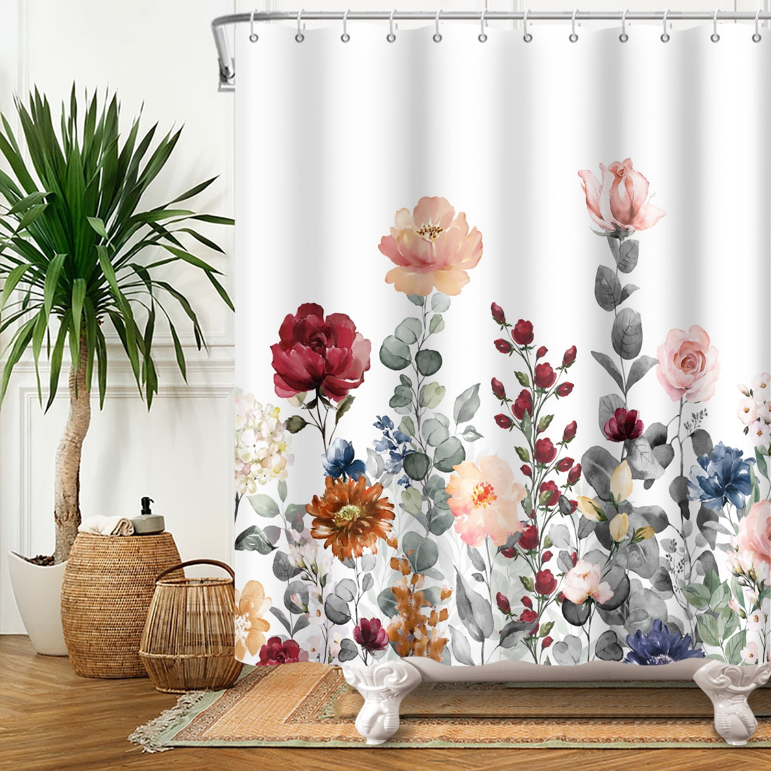 SUNOLIFE Floral Shower Curtain Spring Watercolor Flowers Waterproof ...