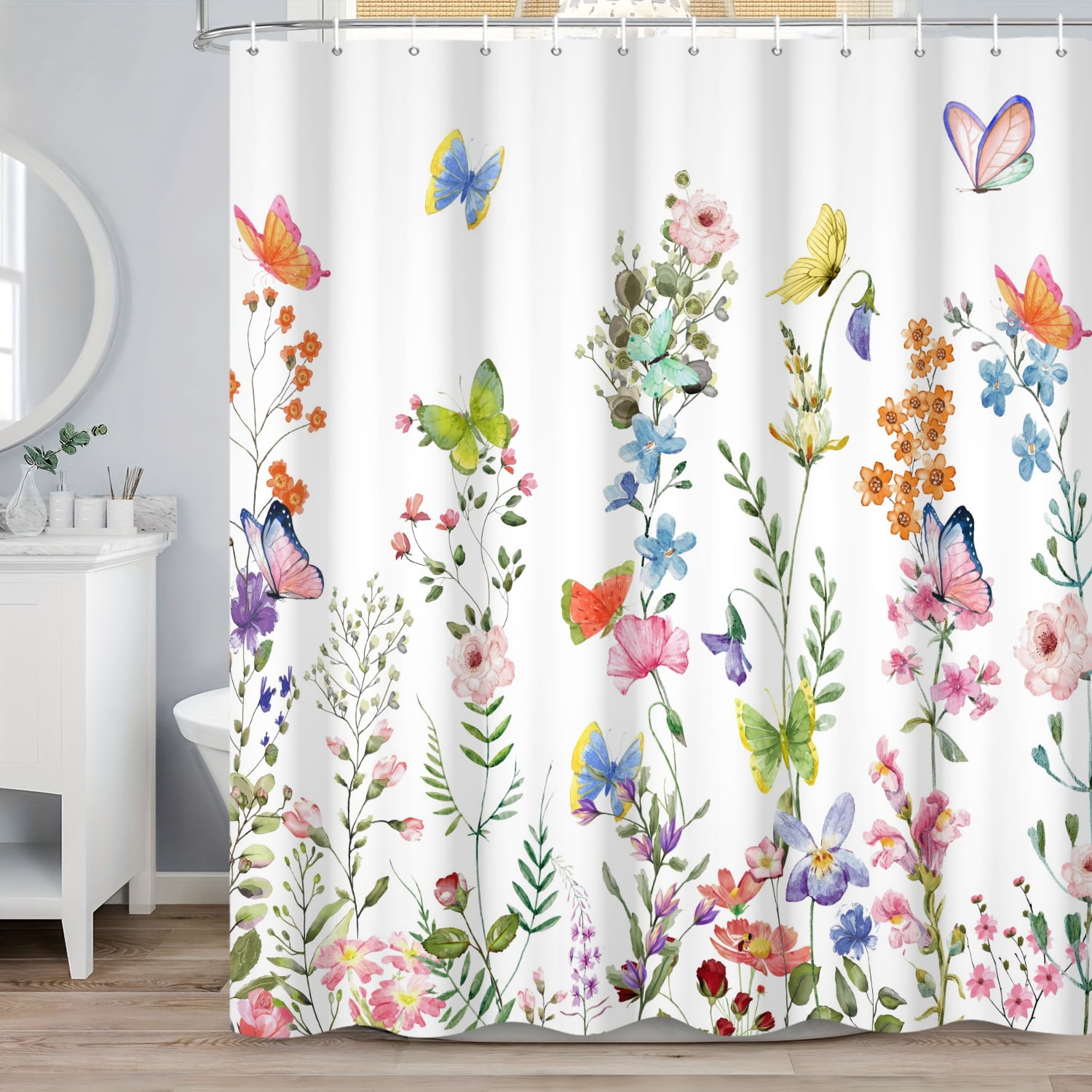 JEJOMEAG Floral Gnome Watercolor Shower Curtain - 70x70 Inch Rustic Farmhouse Bathroom Decor With Hooks