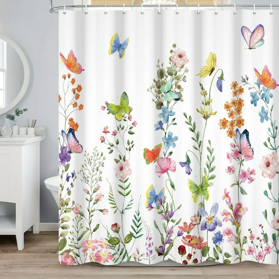 SUNOLIFE Floral and Butterfly Shower Curtain,Spring Flowers Plans Waterproof Fabric Bathroom Curtain with Hooks,72x78 in