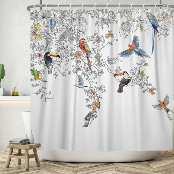 SUNOLIFE Floral with Birds Shower Curtain Spring Hummingbird Waterproof Fabric Bathroom Curtain 60x72 in