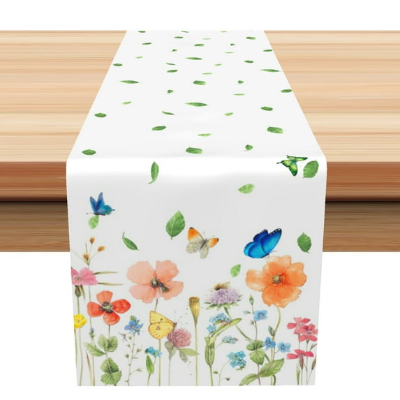 SUNOLIFE Floral with Butterfly Table Runner,Spring Flower Table Cover Decoration for Kitchen Dining 13 x 60 Inch