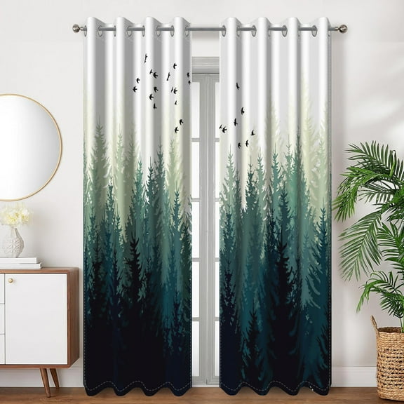 SUNOLIFE Forest Blackout Curtains 2 Panels 63 Inch Green Mountains Window Curtains for Living Room Bedroom