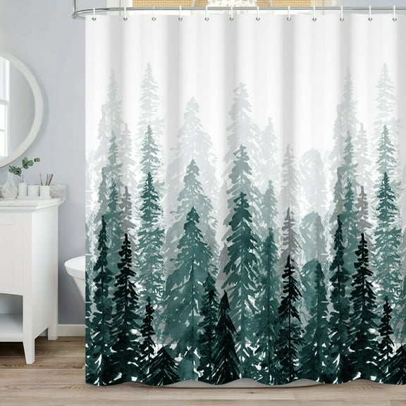 SUNOLIFE Forest Mountain Shower Curtain,Green Winter Nature Landscape Waterproof Fabric Bathroom Curtain,72x72 in