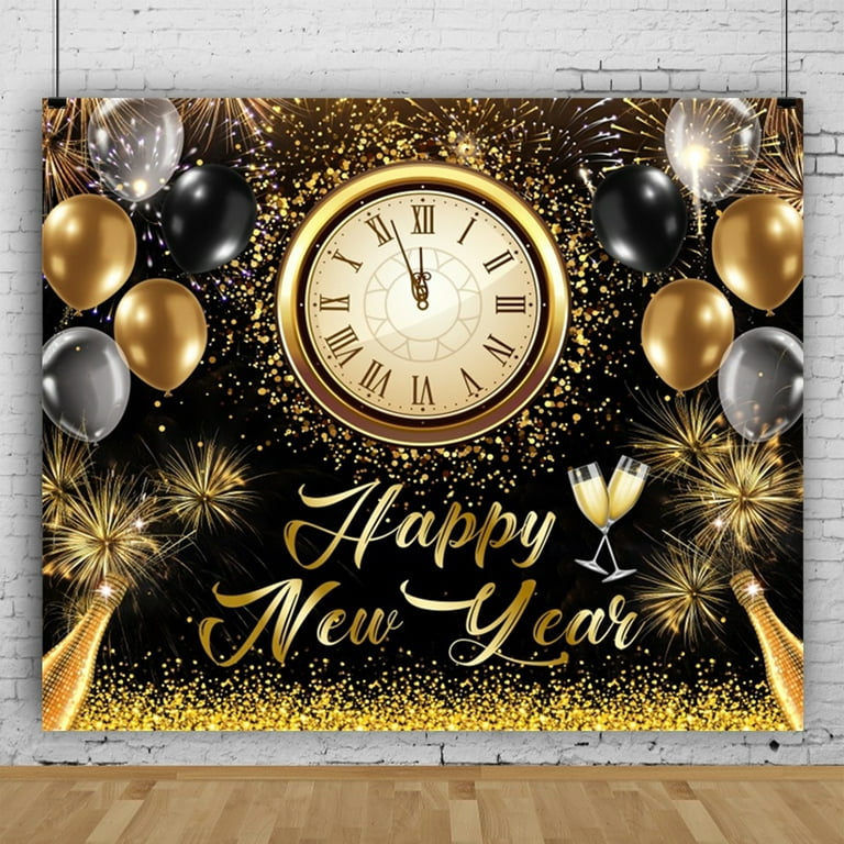 SUNOLIFE Gold Happy New Year Vinyl Backdrop 7x5ft 2024 Photography