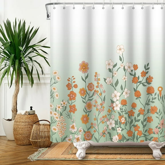 SUNOLIFE Green Floral Shower Curtain Flower Plants Fabric Bathroom Curtain,72x72 in
