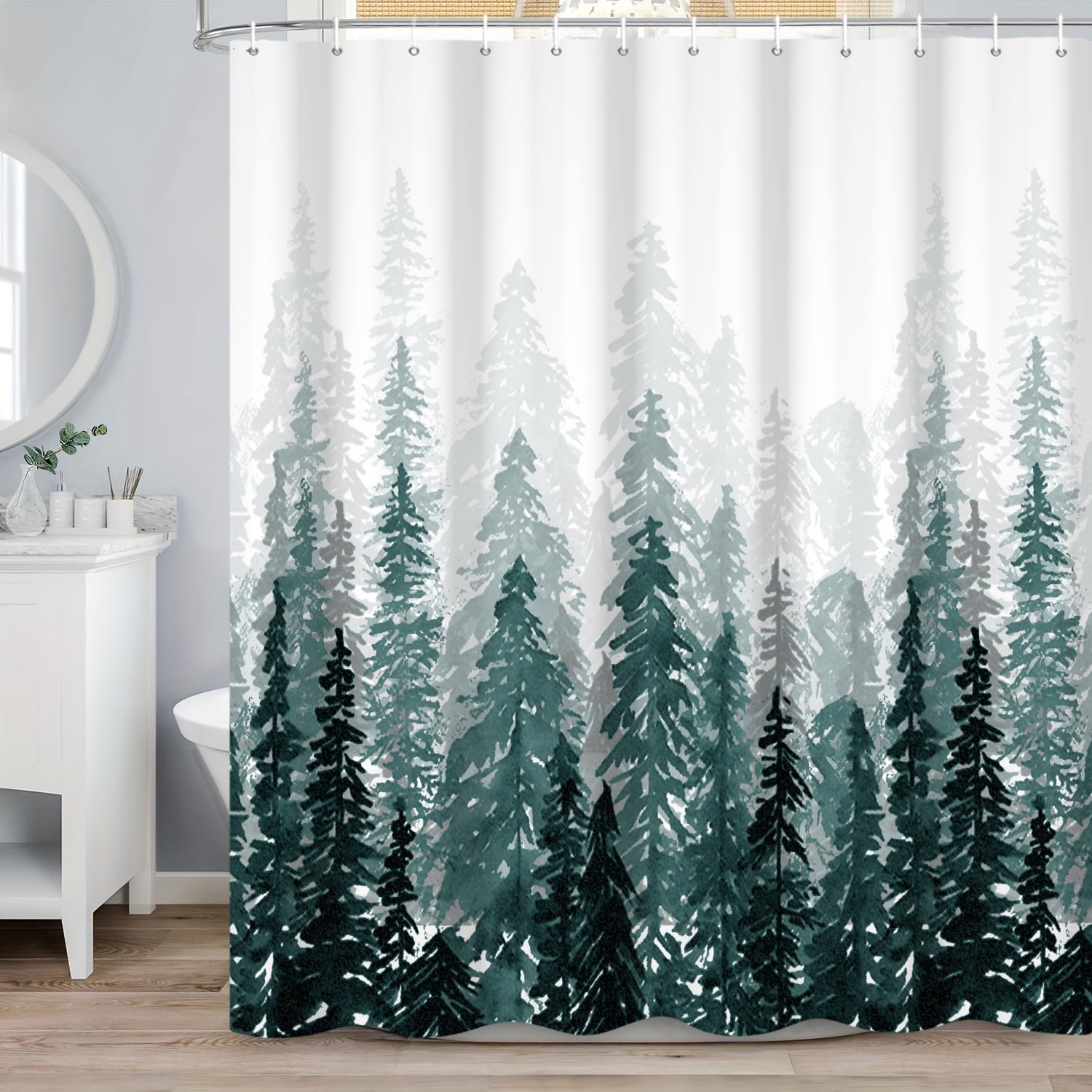 SUNOLIFE Forest Mountain Shower Curtain,Green Winter Nature Landscape ...