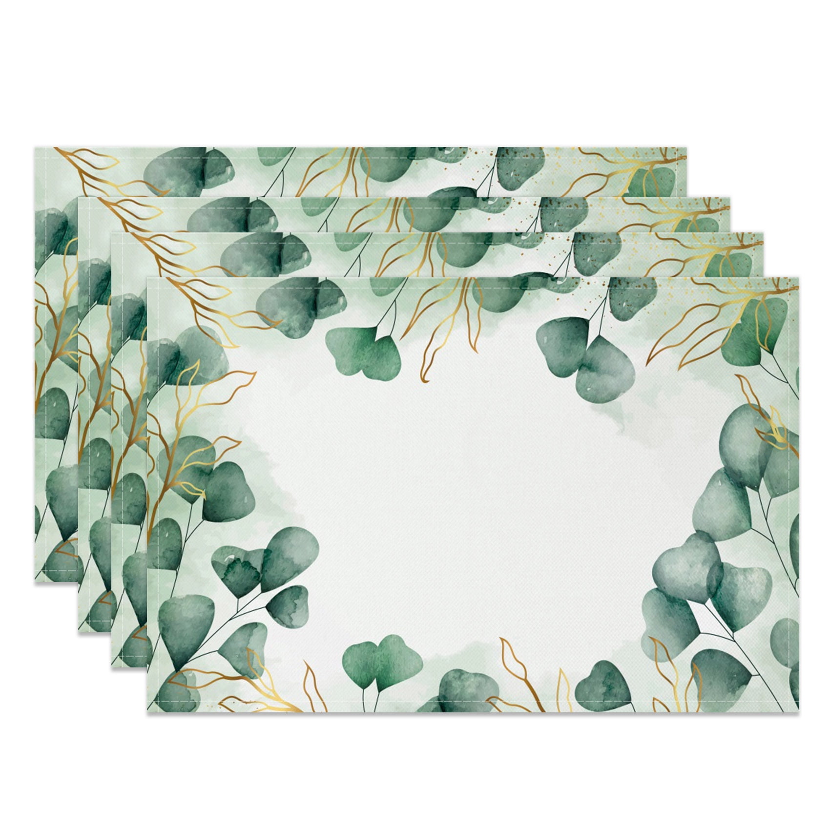 SUNOLIFE Green Leaves Placemats Eucalyptus Leaf Table Mats Set of 4,Summer Linen Fabric Mats for